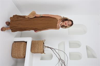 Kahve Askılı Keten Kraşlı Elbise