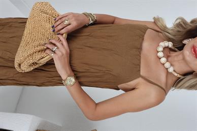 Kahve Askılı Keten Kraşlı Elbise