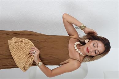 Kahve Askılı Keten Kraşlı Elbise