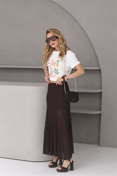 Kahve Astarlı Dantel Etek
