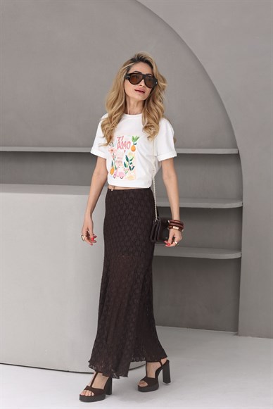 Kahve Astarlı Dantel Etek