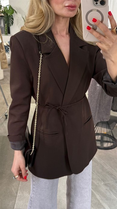 Kahve Bağcıklı Blazer Ceket