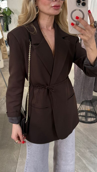 Kahve Bağcıklı Blazer Ceket