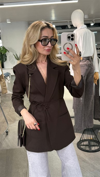Kahve Bağcıklı Blazer Ceket