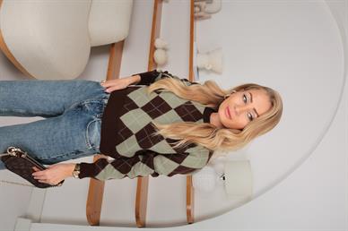 Kahve  Baklava Desen Triko Kazak