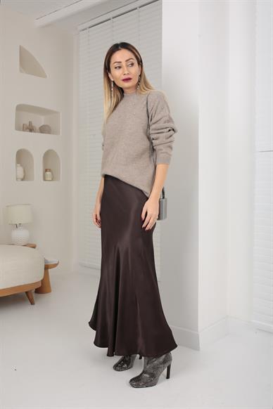 Kahve Beli Lastikli Maxi Saten Etek