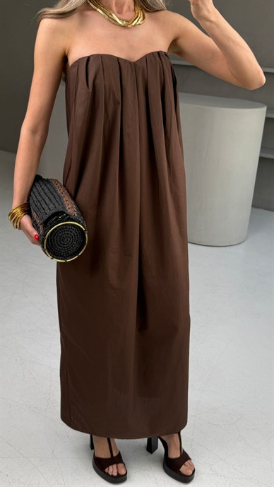 Kahve Cepli Straplez Elbise