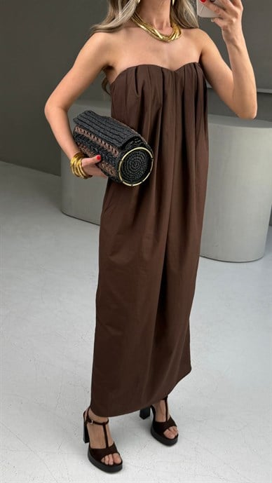Kahve Cepli Straplez Elbise
