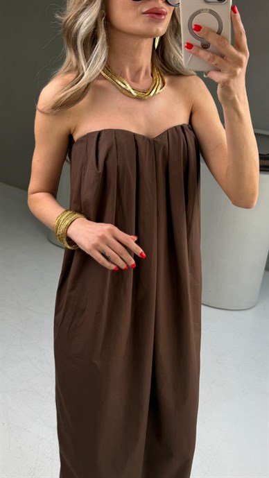 Kahve Cepli Straplez Elbise