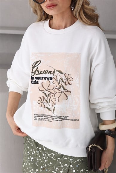 Kahve çiçek Baskılı Ekry Sweatshirt