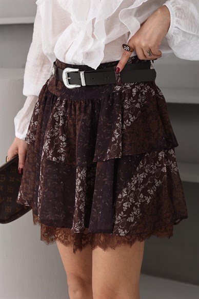 Kahve Çiçek Desen Mİni Katlı Şifon Etek