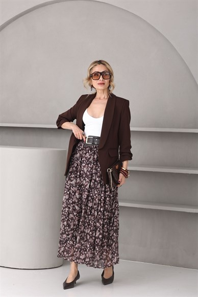 Kahve Çiçekli Kemerli Şifon Etek