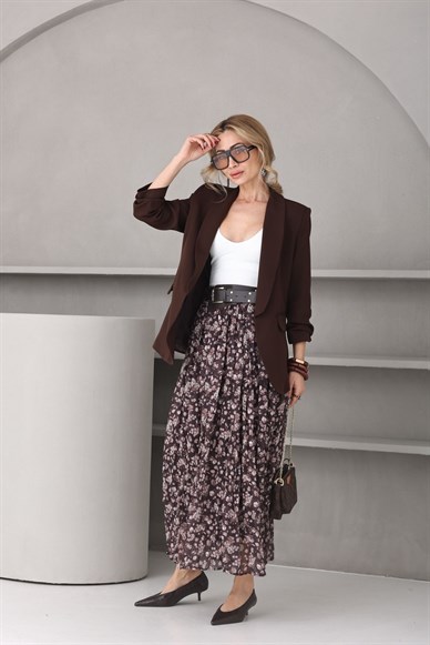 Kahve Çiçekli Kemerli Şifon Etek