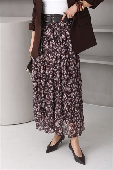 Kahve Çiçekli Kemerli Şifon Etek