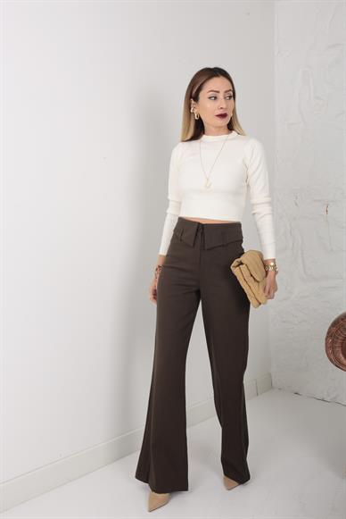 Kahve Çift Kemer Kumaş Pantolon
