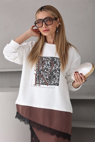 Kahve Dantel Detay Nakışlı Sweatshirt