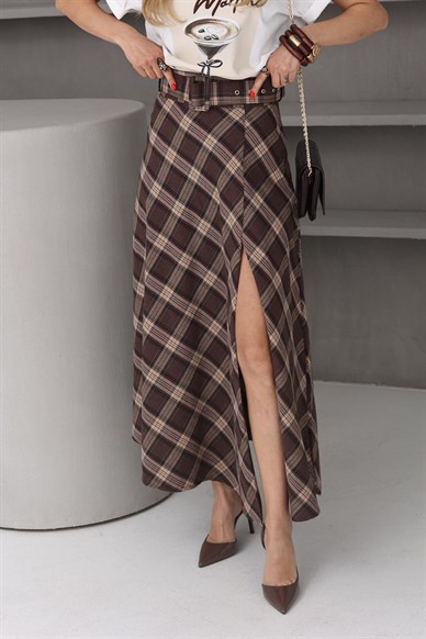 Kahve Ekose Kemerli Etek