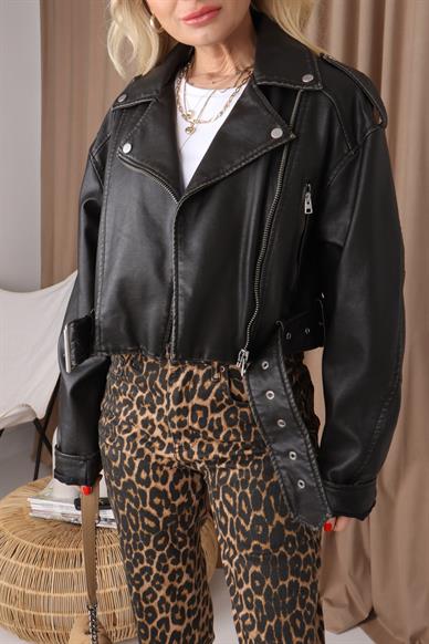 Kahve Eskitme Biker Deri Ceket