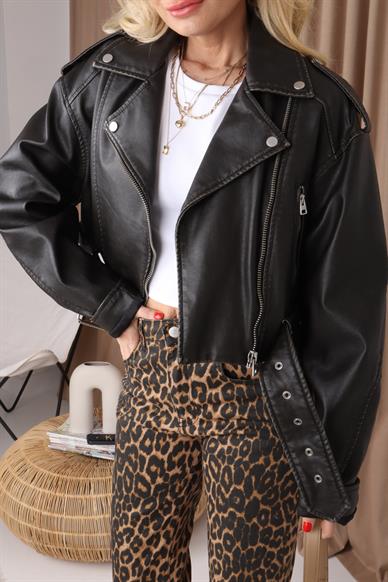 Kahve Eskitme Biker Deri Ceket