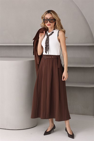 Kahve Garnili Fular Detay Elbise