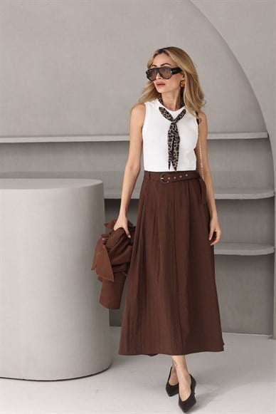 Kahve Garnili Fular Detay Elbise