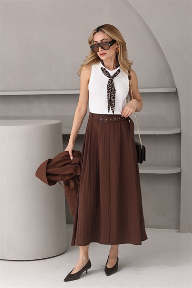 Kahve Garnili Fular Detay Elbise