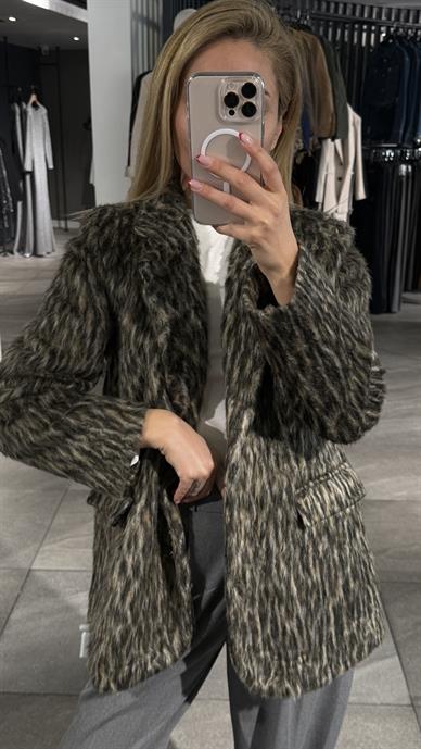 Kahve Karışık Desen Tüylü Blazer Ceket