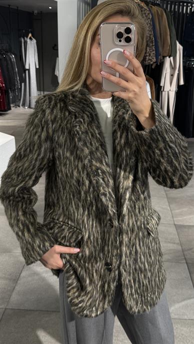 Kahve Karışık Desen Tüylü Blazer Ceket