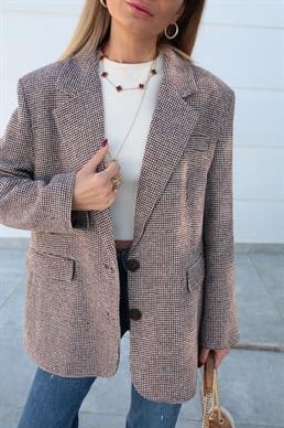 Kahve Kazayağı Desenli Blazer Ceket