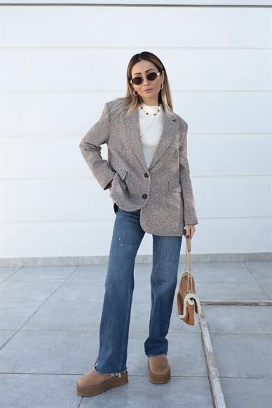 Kahve Kazayağı Desenli Blazer Ceket