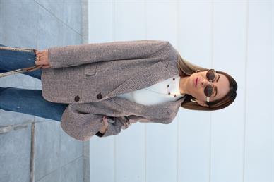 Kahve Kazayağı Desenli Blazer Ceket