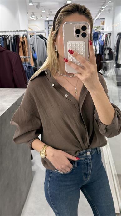 Kahve Kırışık Oversize Gömlek