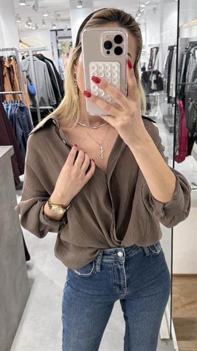 Kahve Kırışık Oversize Gömlek