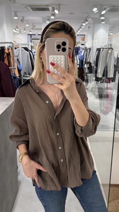 Kahve Kırışık Oversize Gömlek