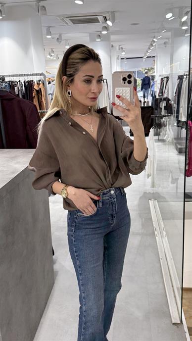 Kahve Kırışık Oversize Gömlek
