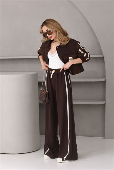 Kahve Kolu Şeritli Kapak Cepli Trençkot