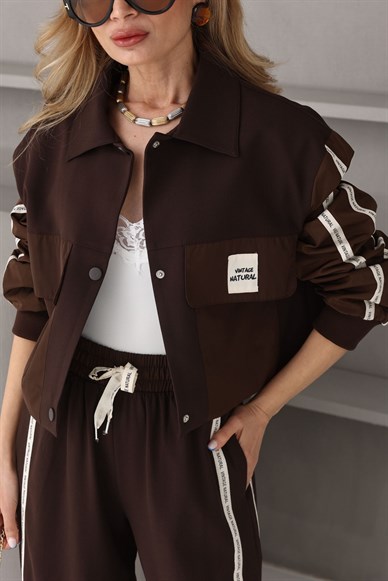 Kahve Kolu Şeritli Kapak Cepli Trençkot