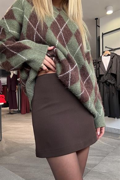 Kahve Kumaş Mini Etek