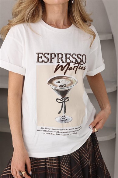 Kahve Nakışlı Ekru Tshirt