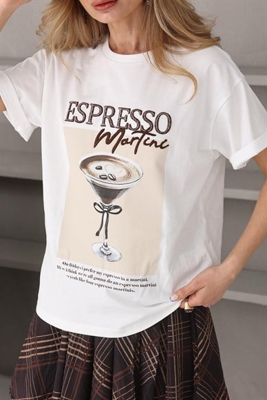 Kahve Nakışlı Ekru Tshirt