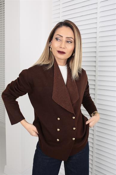 Kahve Şal Yaka Gold Düğmeli Hırka