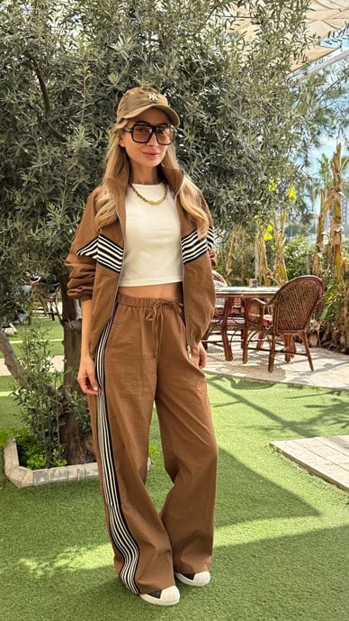 Kahve Şeritli Paraşüt Kumaş Takım