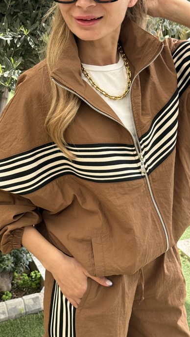 Kahve Şeritli Paraşüt Kumaş Takım