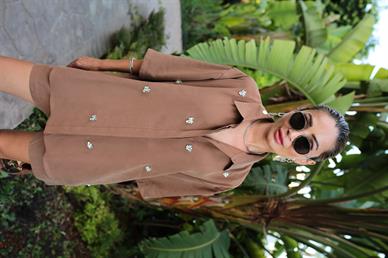 Kahve Taş İşli Şortlu Tensel Takım