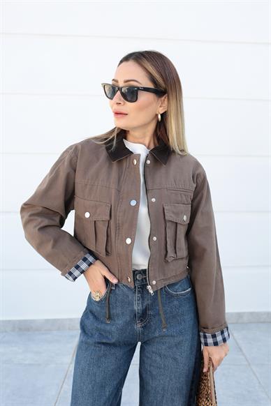 Kahve Torba Cepli Crop Ceket