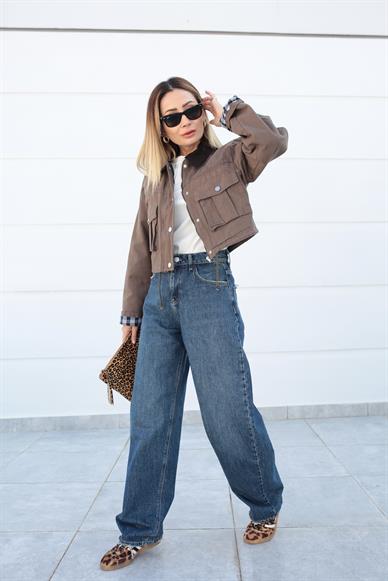 Kahve Torba Cepli Crop Ceket