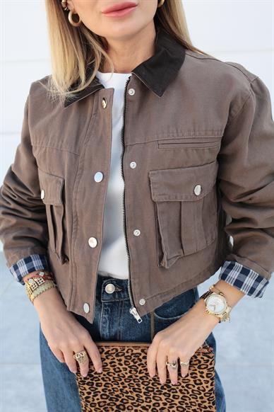 Kahve Torba Cepli Crop Ceket