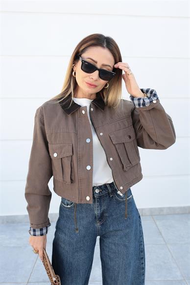 Kahve Torba Cepli Crop Ceket