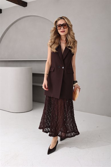 Kahve Tül Etekli Yelek Takım