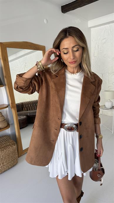 Kahve Üç Düğmeli Nubuk Blazer Ceket